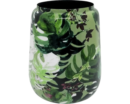Vase mit tropischem Blattmuster und Monstera-Motiven.