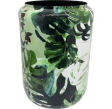 Zylindrische Glasvase mit einem Dekor aus grünen Monstera-Blättern.