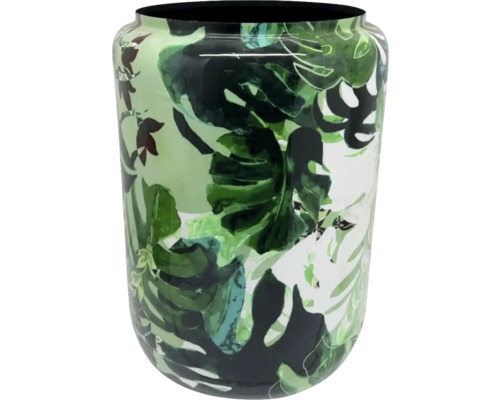 Zylindrische Glasvase mit einem Dekor aus grünen Monstera-Blättern.