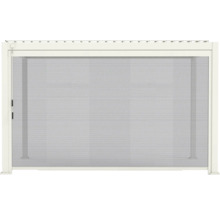 Seitenwand für Lamellendach oder Pavillon aus Mesh Gewebe mit weißem Aluminiumrahmen.