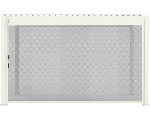 Seitenwand für Lamellendach oder Pavillon aus Mesh Gewebe mit weißem Aluminiumrahmen.