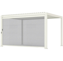 Weißes Seitenteil für eine Pergola aus wetterfestem Textilgewebe mit integriertem Aluminiumrahmen und manuellem Seilzug.