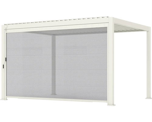 Weißes Seitenteil für eine Pergola aus wetterfestem Textilgewebe mit integriertem Aluminiumrahmen und manuellem Seilzug.