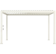 Weiße Pergola mit verstellbarem Lamellendach und vier quadratischen Pfosten.