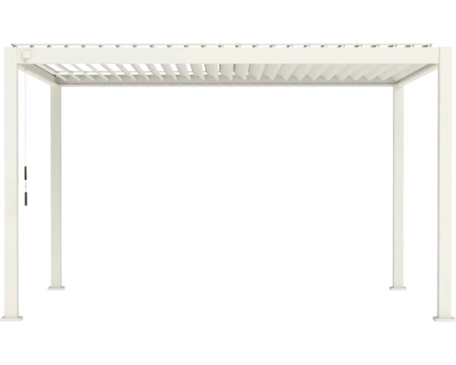 Weiße Pergola mit verstellbarem Lamellendach und vier quadratischen Pfosten.
