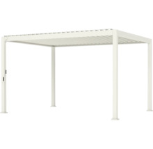 Weiße Pergola aus Aluminium mit verstellbarem Lamellendach und vier Pfosten.