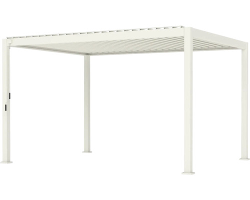 Weiße Pergola aus Aluminium mit verstellbarem Lamellendach und vier Pfosten.