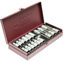 WGB Steckschlüsselsatz und Bit-Set in rotem Metallkoffer mit Einsätzen für verschiedene Schraubprofile.