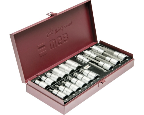 WGB Steckschlüsselsatz und Bit-Set in rotem Metallkoffer mit Einsätzen für verschiedene Schraubprofile.