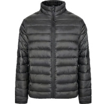 Schwarze Steppjacke mit durchgehendem Reißverschluss und Stehkragen.