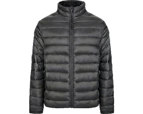 Schwarze Steppjacke mit durchgehendem Reißverschluss und Stehkragen.