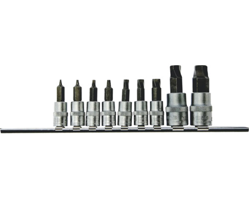 WGB Steckschlüsseleinsatz-Set mit neun Bit-Einsätzen auf einer Metallschiene.