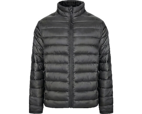 Schwarze Steppjacke mit Stehkragen und durchgehendem Reißverschluss.
