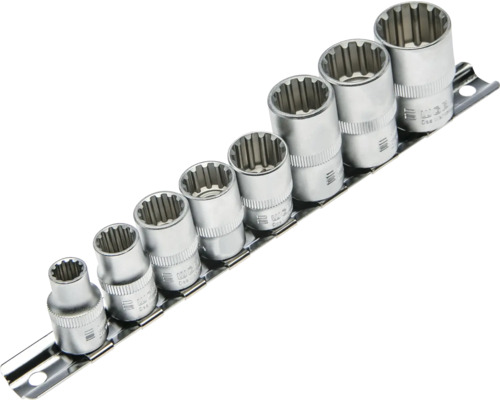 Steckschlüsselsatz Vielzahn auf einer Metallschiene, 9-teilig aus Chrom-Vanadium-Stahl.