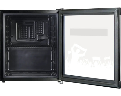 Offener schwarzer Minikühlschrank mit einem Gitterboden und einer Glastür mit Motiv.