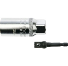 Silberner Steckschlüsseleinsatz aus Chrom-Vanadium mit Rändelung und ein schwarzer Bit-Adapter.