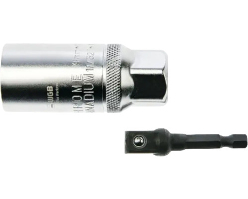 Silberner Steckschlüsseleinsatz aus Chrom-Vanadium mit Rändelung und ein schwarzer Bit-Adapter.