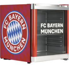 Kompakter Mini-Kühlschrank mit FC Bayern München Logo, Glastür und Gitterboden.
