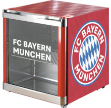 Minikühlschrank mit Glastür und FC Bayern München Logo. Party-Kühlschrank mit einem Einlegeboden und FC Bayern München Schriftzug auf der Tür.
