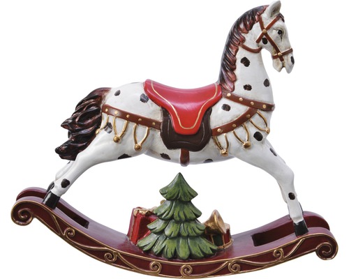Dekoratives Schaukelpferd mit Weihnachtsbaum und Geschenken für die Weihnachtszeit