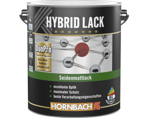 Hornbach Hybrid Lack Seidenmattlack in Metalldose, für innen und außen auf Acryl-Alkyd-Basis, staubtrocken nach circa 1 Stunde, Hornbach Logo.