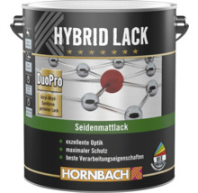 Hornbach Hybrid Lack Seidenmattlack in Metalldose, für innen und außen auf Acryl-Alkyd-Basis, staubtrocken nach circa 1 Stunde, Hornbach Logo.