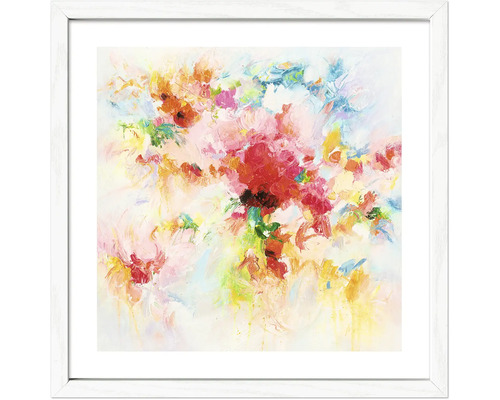 Gerahmtes Bild mit abstraktem floralem Motiv, weißer Rahmen mit Passepartout, quadratische Wanddekoration.