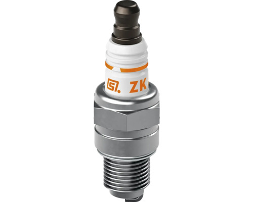 Zündkerze mit weißem Isolator, silbernem Metallgehäuse und schwarzem Anschluss.
