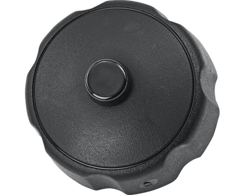 Schwarzer Tankdeckel aus Kunststoff mit strukturierter Oberfläche und sternförmigem Rand für besseren Griff.