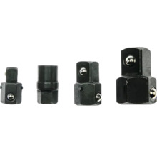 Vier schwarze Steckschlüssel-Adapter aus Metall in unterschiedlichen Größen mit Kugelarretierung.