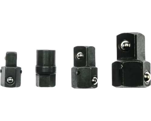 Vier schwarze Steckschlüssel-Adapter aus Metall in unterschiedlichen Größen mit Kugelarretierung.