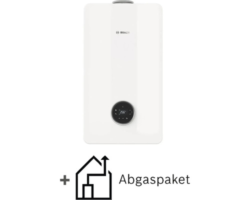 Bosch Gas-Brennwerttherme mit digitalem Display und Bosch Logo, inklusive Abgaspaket.