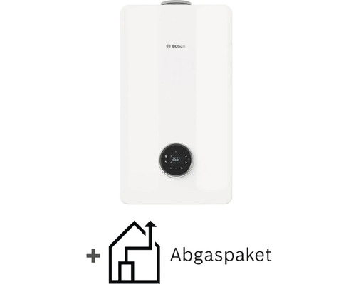 Weiße Bosch Gas-Brennwerttherme mit kreisförmiger Digitalanzeige und Bosch Logo inklusive Abgaspaket.