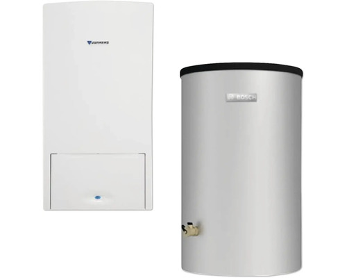 Weiße Junkers Gas-Brennwerttherme mit Junkers Logo und silberfarbener Bosch Warmwasserspeicher mit Bosch Logo.