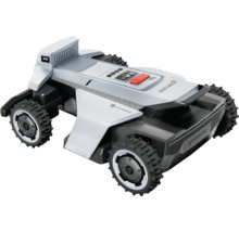 Mähroboter Segway Navimow in Grau und Schwarz mit geländegängigen Rädern und digitalem Display.