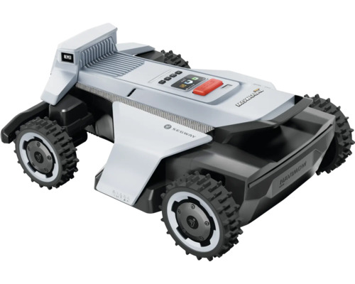 Mähroboter Segway Navimow in Grau und Schwarz mit geländegängigen Rädern und digitalem Display.