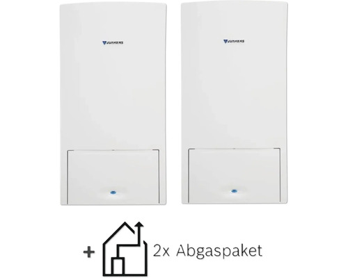 Zwei Junkers Gas-Heizgeräte mit Junkers Logo und zwei Abgaspaketen für die Hausinstallation.