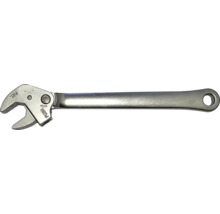 Verstellbarer Einmaulschlüssel aus Metall mit Druckknopfeinstellung und Aufhängeloch.