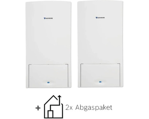 Zwei Junkers Gasthermen mit Junkers Logo inklusive zwei Abgaspaketen.