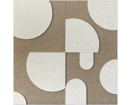 Quadratisches Akustikpaneel aus Filz mit verschiedenen aufgesetzten geometrischen Formen wie Kreisen und Halbkreisen für den Schallschutz.