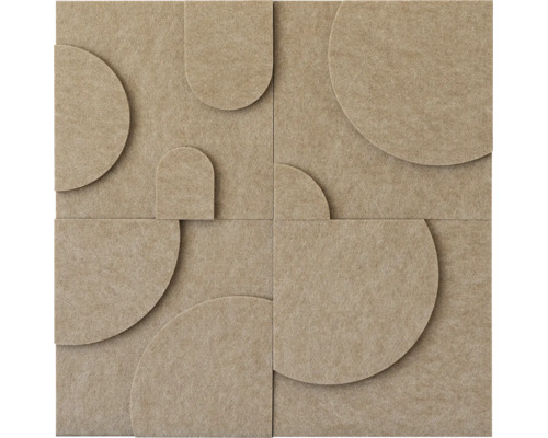 3D-Akustikpaneele aus PET-Filz mit geometrischem Reliefmuster aus Kreisen und Bögen.