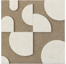 Akustikwandpaneel mit geometrischem Muster aus Kreisen und Halbkreisen aus faserigem Material.