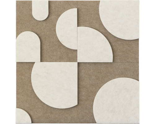 Akustikwandpaneel mit geometrischem Muster aus Kreisen und Halbkreisen aus faserigem Material.