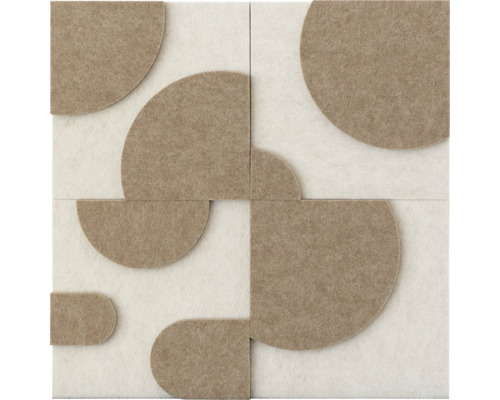 Akustikpaneel aus Filz mit geometrischem Reliefmuster aus beigen Kreisen und Halbkreisen.
