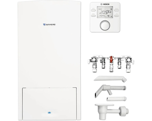 Junkers Gas-Wandheizgerät mit Junkers Logo, Bosch Digitalthermostat mit Bosch Logo, Armaturenschiene mit Ventilen und verschiedene Anschlussrohre.