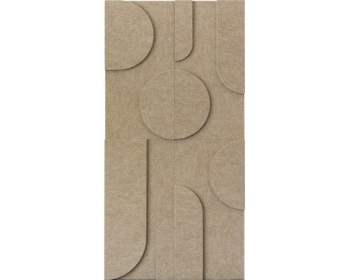 Akustikpaneel aus Filz in Beige mit geometrischem 3D-Muster aus Kreisen und Rundungen.