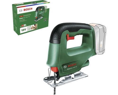 Bosch Akku-Stichsäge EasySaw 18 Volt 70 mit Sägeblatt und Produktverpackung.