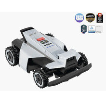 Segway Navimow Mähroboter in Weiß und Schwarz mit Geländereifen, Bedienfeld, Stopp-Taste und Auszeichnungen für Innovation.