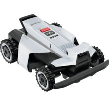 Segway Navimow Mähroboter in Weiß und Schwarz mit geländegängigen Profilreifen und Display.