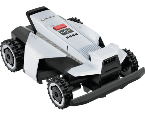 Segway Navimow Mähroboter in Weiß und Schwarz mit geländegängigen Profilreifen und Display.